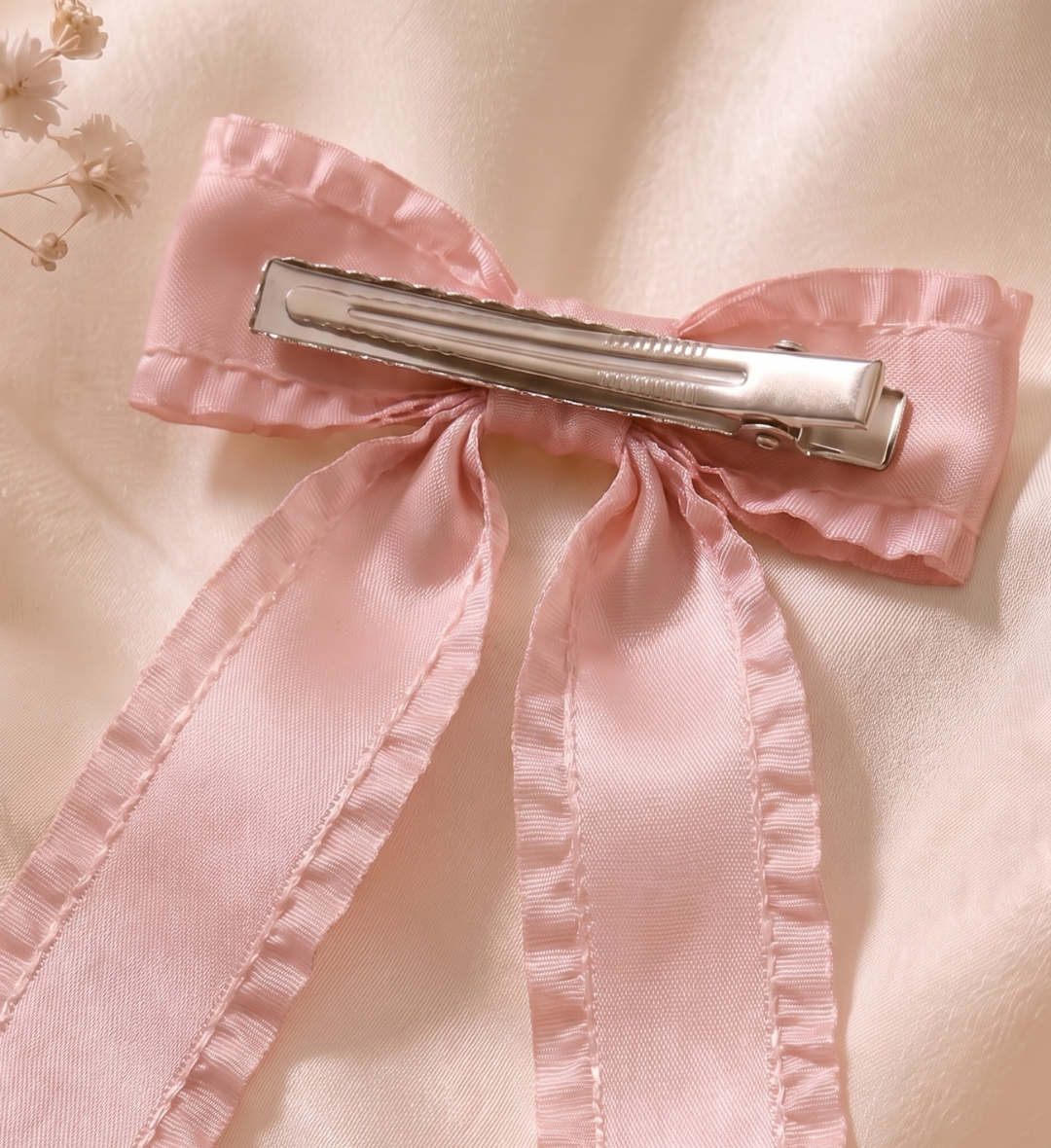Barrette Nœud Rose Ruban Coquette à Volants Style Couture