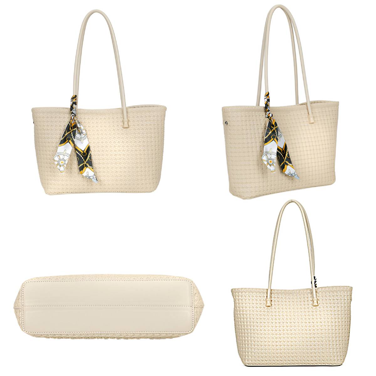 Sac à Main Cabas à Motif Tressé à Foulard La Sublime Beige