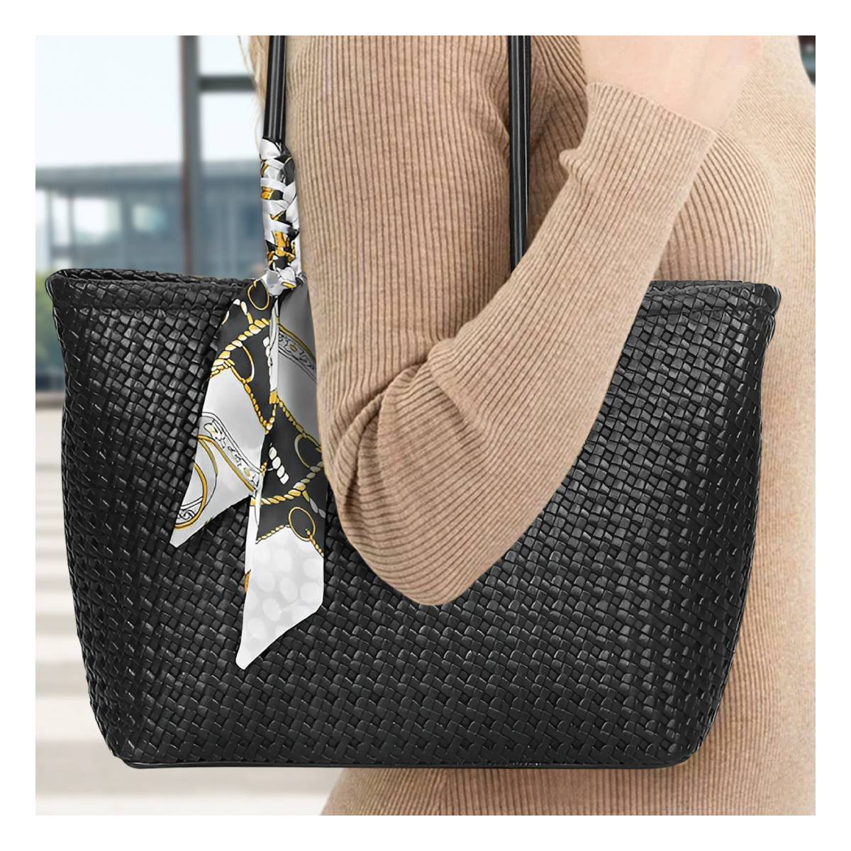Sac à Main Cabas à Motif Tressé à Foulard La Sublime Noir