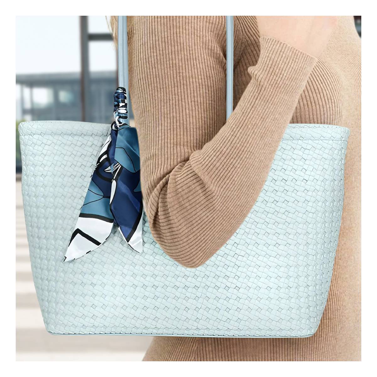 Sac à Main Cabas à Motif Tressé à Foulard La Sublime Bleu