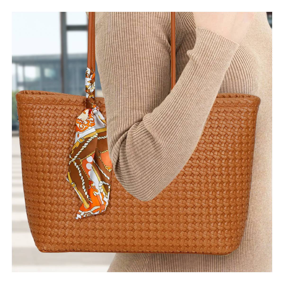 Sac à Main Cabas à Motif Tressé à Foulard La Sublime Marron