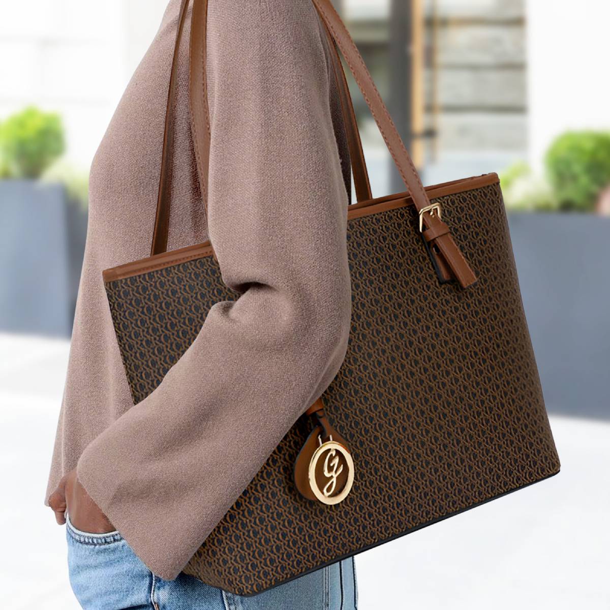 Sac Cabas Imprimé Calligraphique L'Empreinte Marron