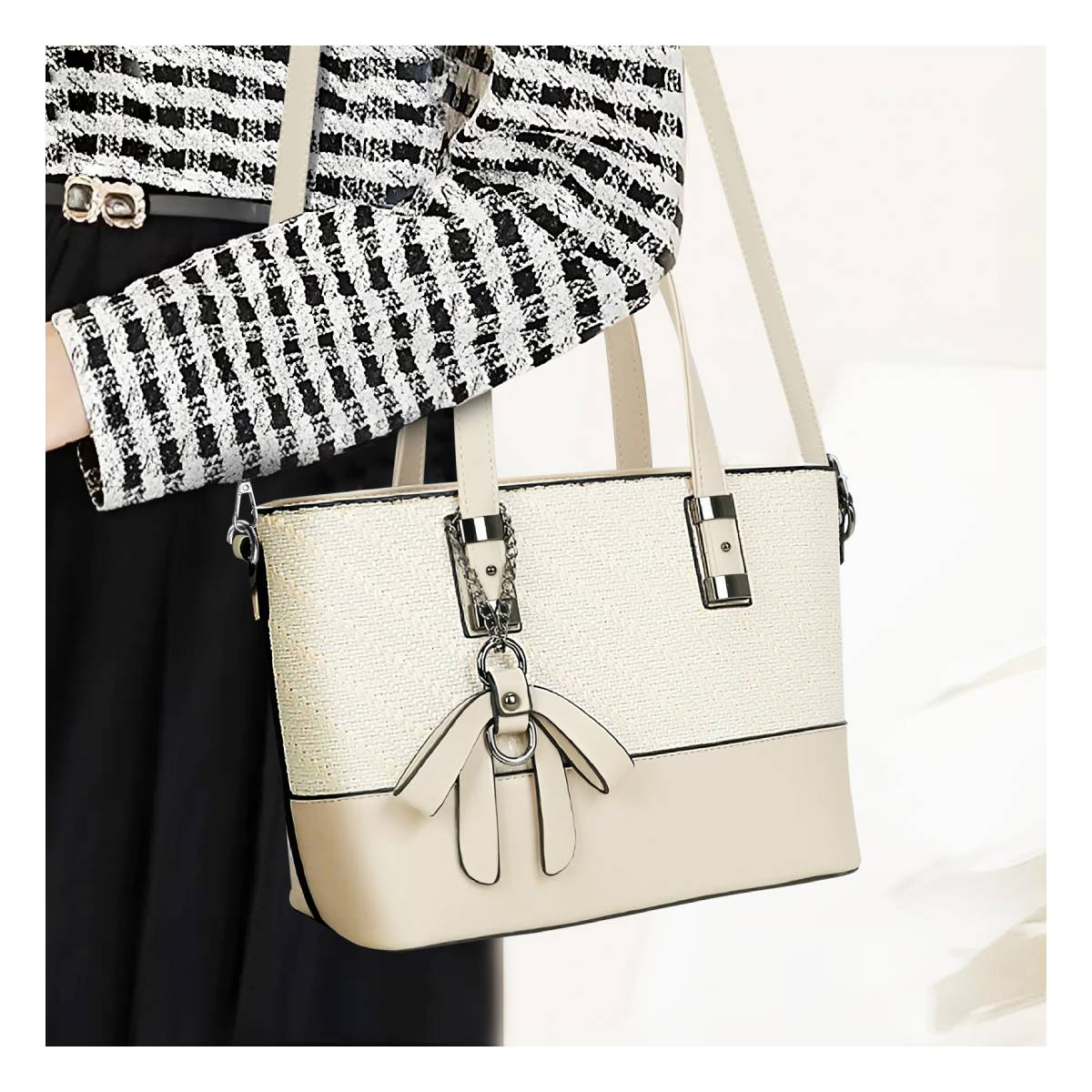Sac Cabas à Imprimé Graphique Bi-Matière La Discrète Audace Beige