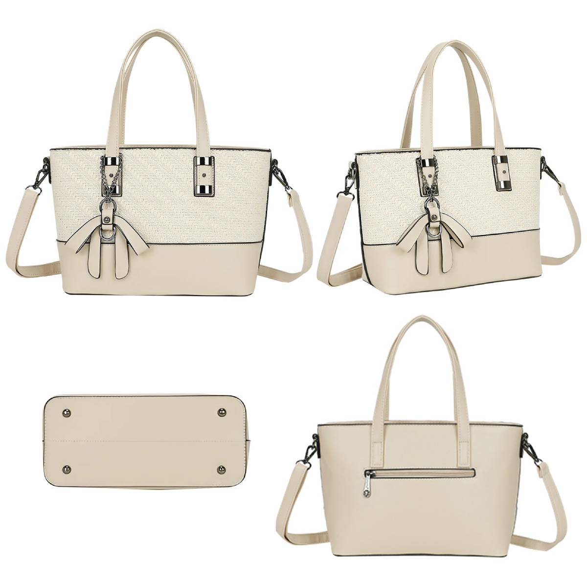 Sac Cabas à Imprimé Graphique Bi-Matière La Discrète Audace Beige