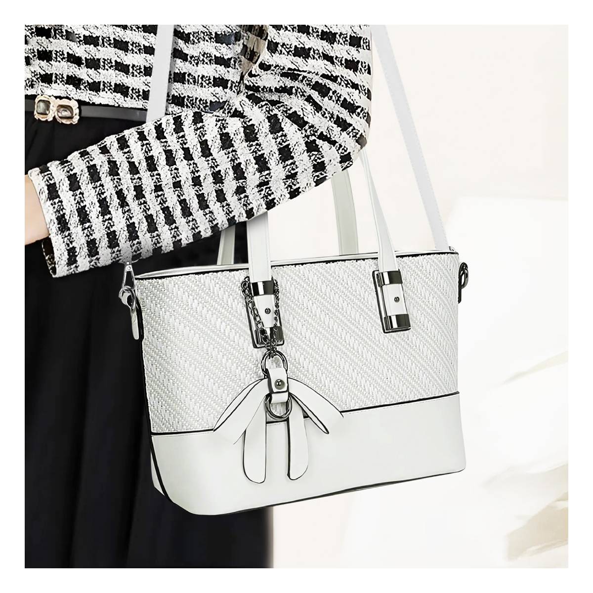 Sac Cabas à Imprimé Graphique Bi-Matière La Discrète Audace Blanc