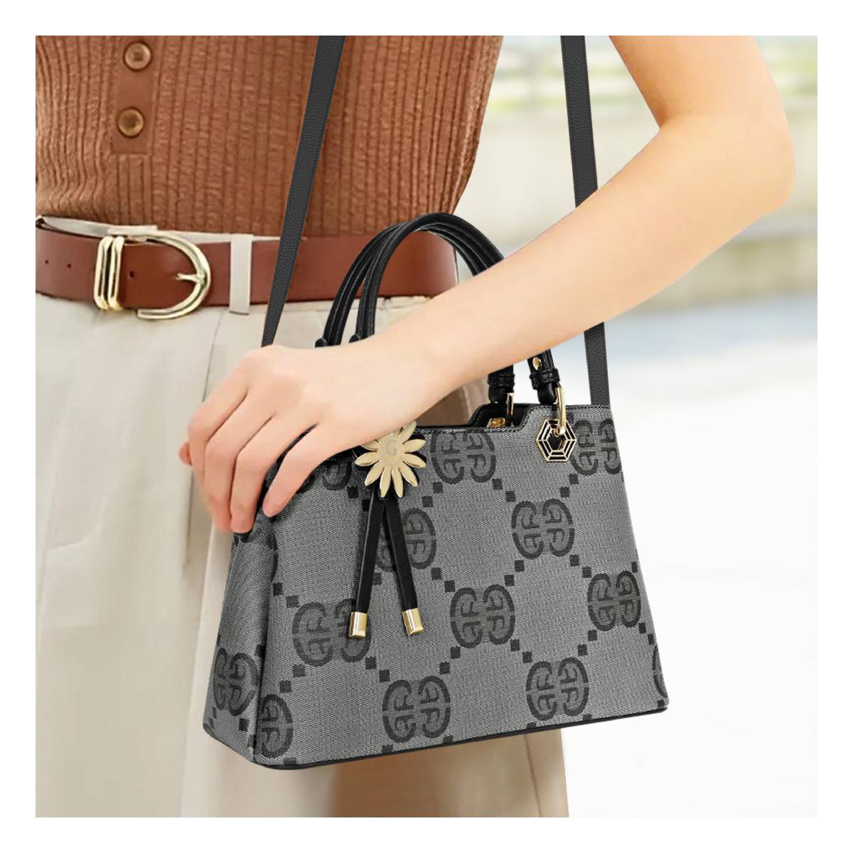 Sac à Main Motif Monogramme et Marguerite Dallas Noir