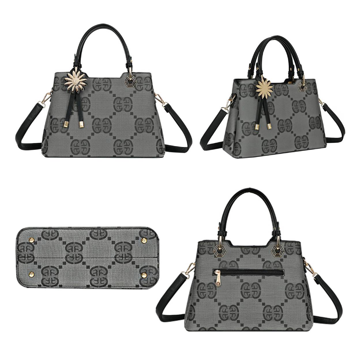 Sac à Main Motif Monogramme et Marguerite Dallas Noir