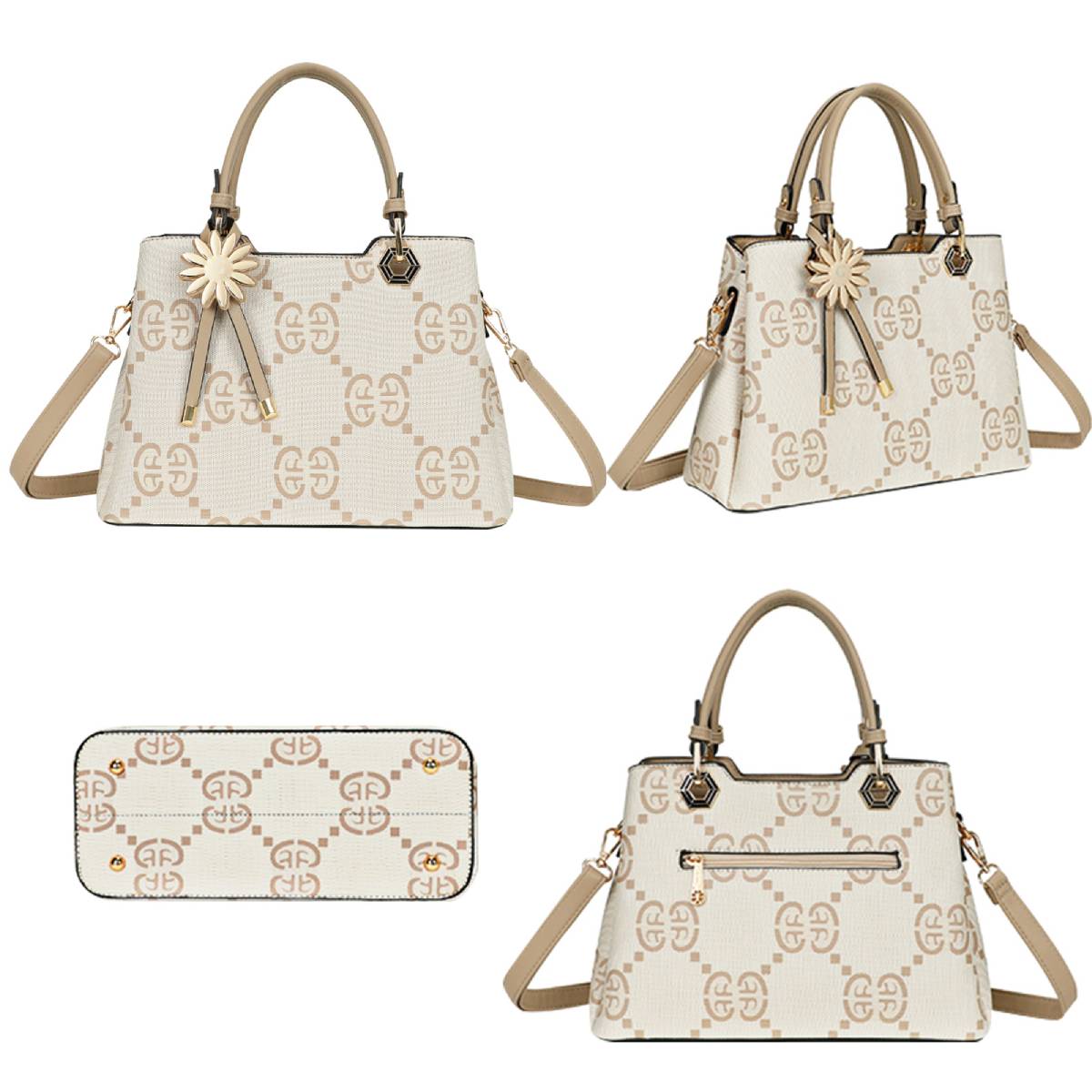 Sac à Main Motif Monogramme et Marguerite Dallas Taupe