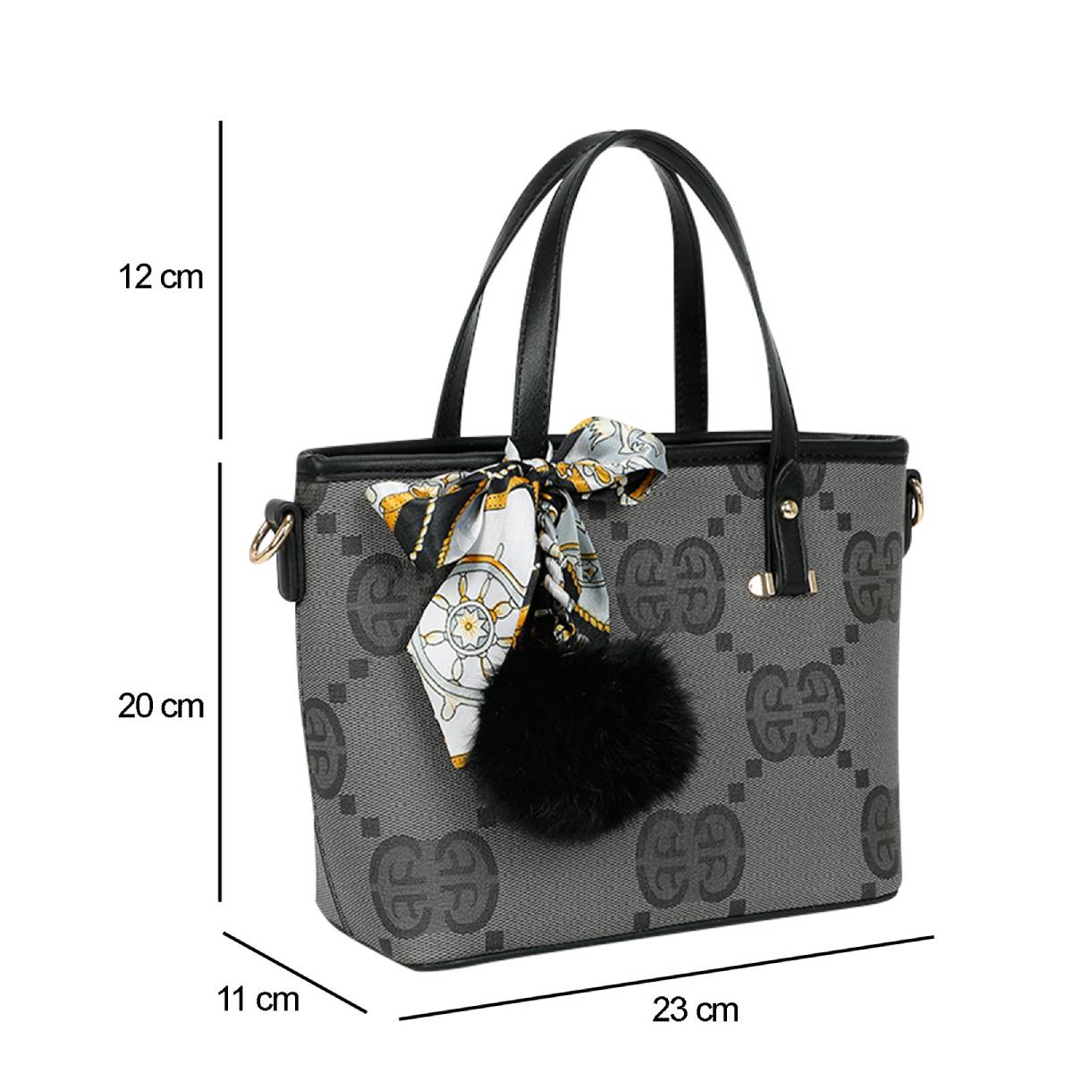 Sac Cabas Imprimé Monogramme à Pompom et Foulard Palmer Noir