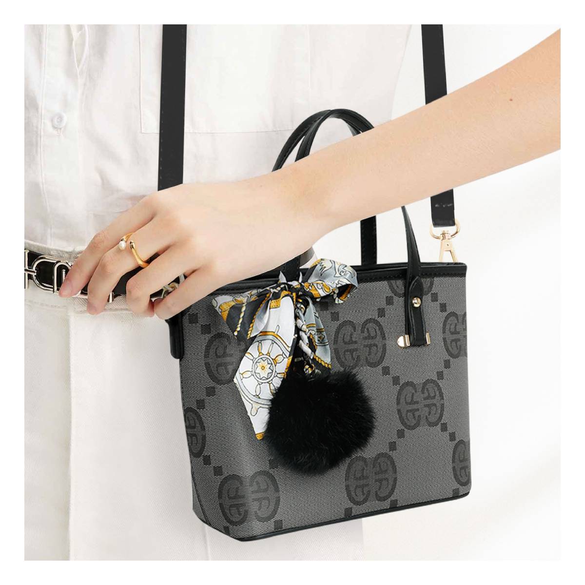 Sac Cabas Imprimé Monogramme à Pompom et Foulard Palmer Noir