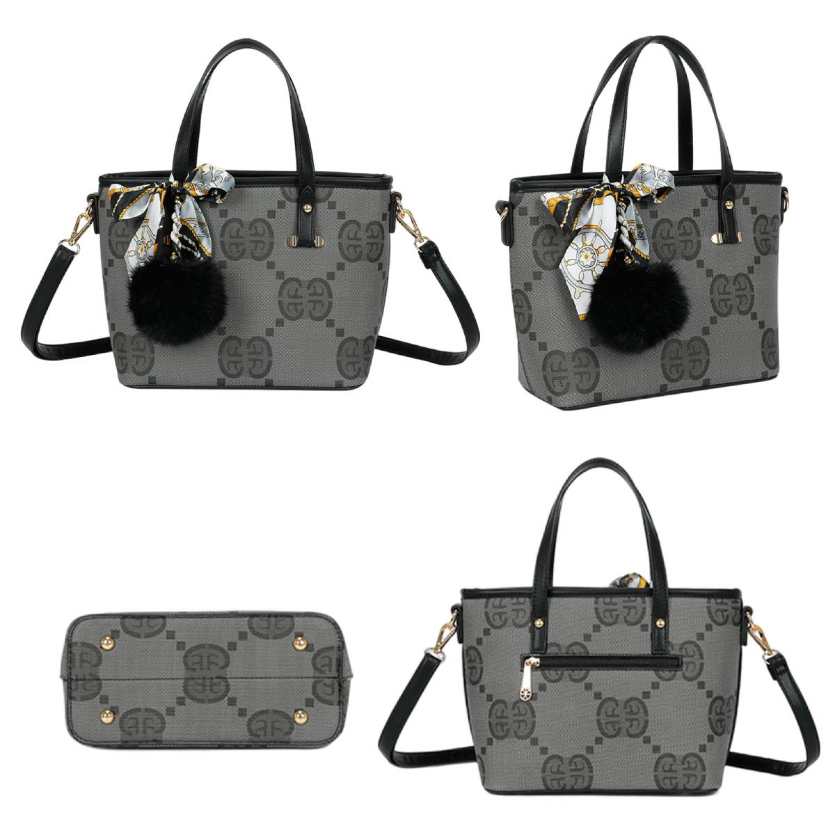 Sac Cabas Imprimé Monogramme à Pompom et Foulard Palmer Noir