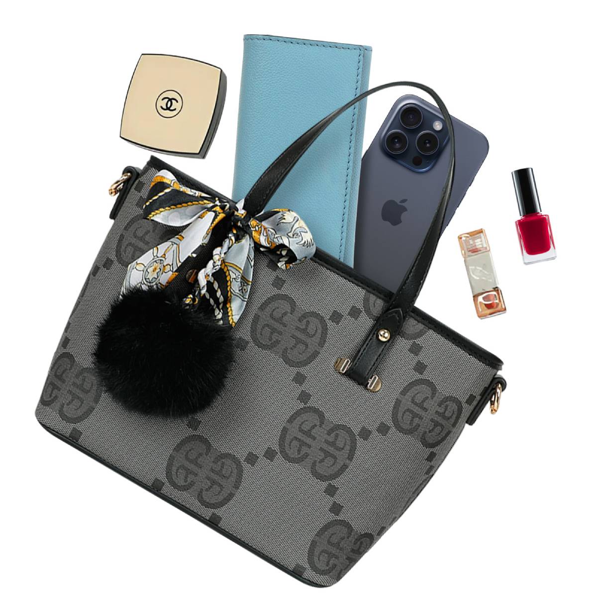 Sac Cabas Imprimé Monogramme à Pompom et Foulard Palmer Noir