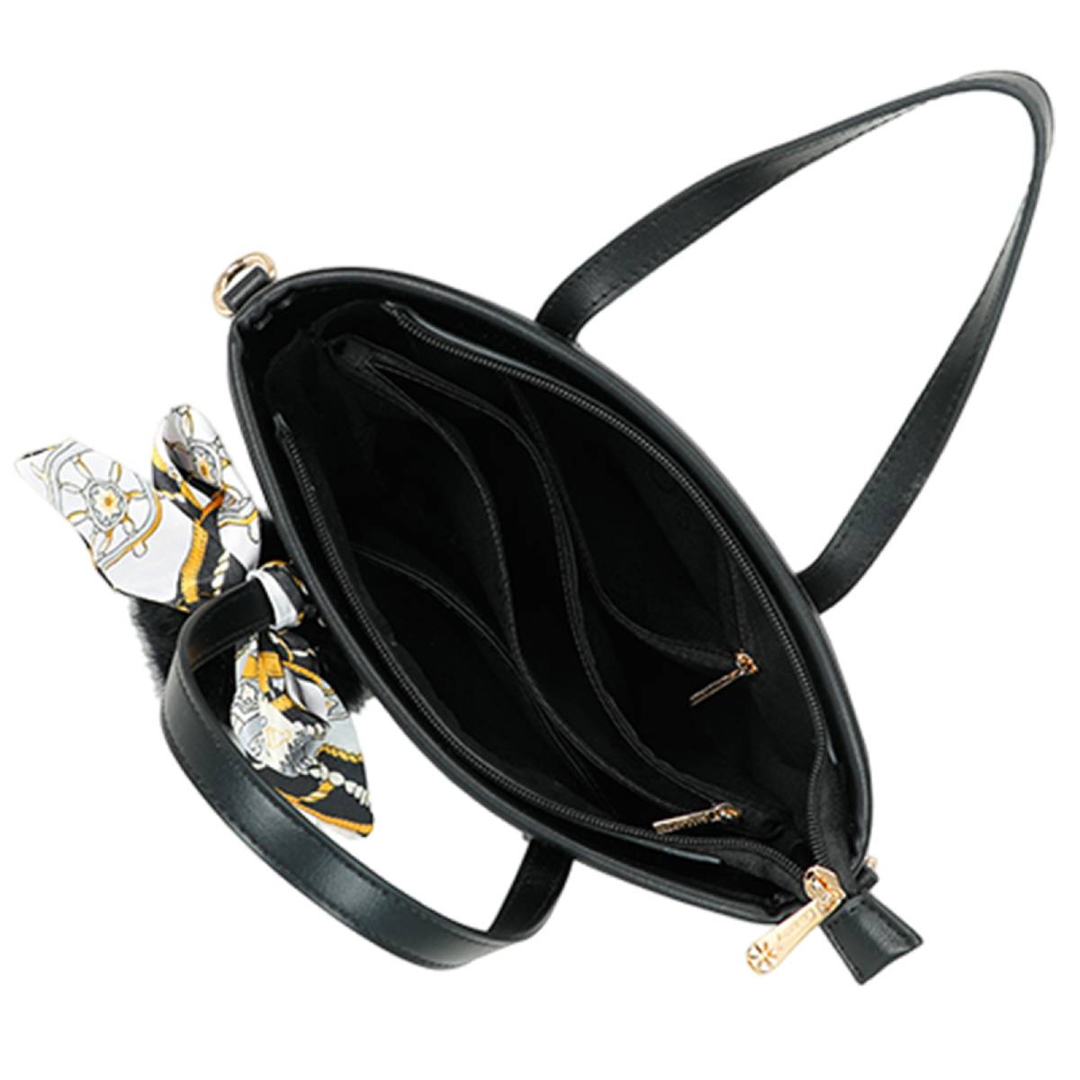 Sac Cabas Imprimé Monogramme à Pompom et Foulard Palmer Noir