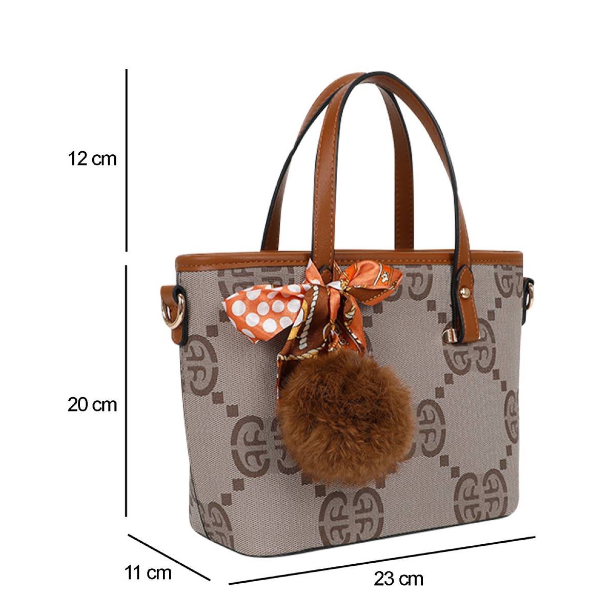 Sac Cabas Imprimé Monogramme à Pompom et Foulard Palmer Marron