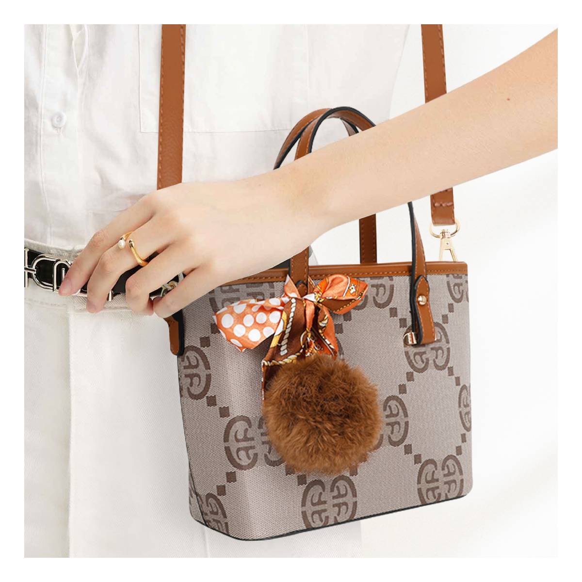 Sac Cabas Imprimé Monogramme à Pompom et Foulard Palmer Marron