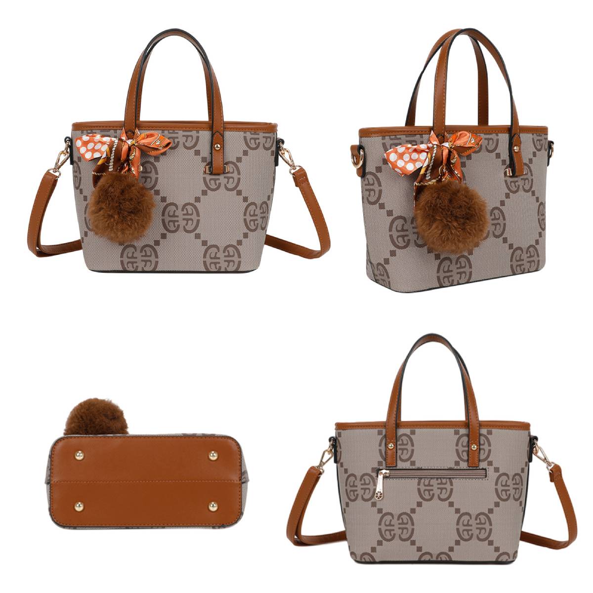 Sac Cabas Imprimé Monogramme à Pompom et Foulard Palmer Marron