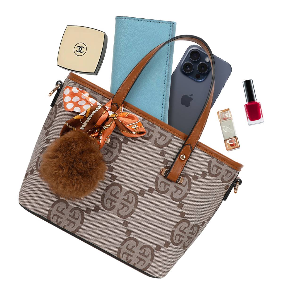 Sac Cabas Imprimé Monogramme à Pompom et Foulard Palmer Marron