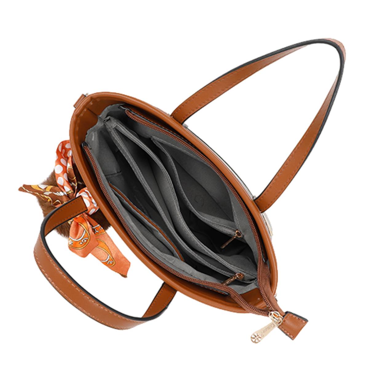Sac Cabas Imprimé Monogramme à Pompom et Foulard Palmer Marron