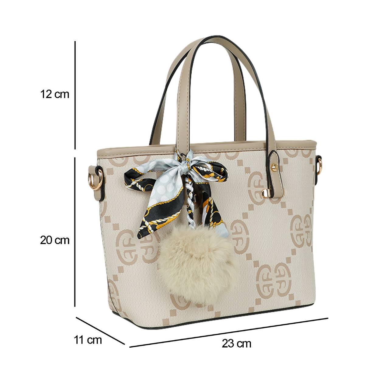 Sac Cabas Imprimé Monogramme à Pompom et Foulard Palmer Taupe