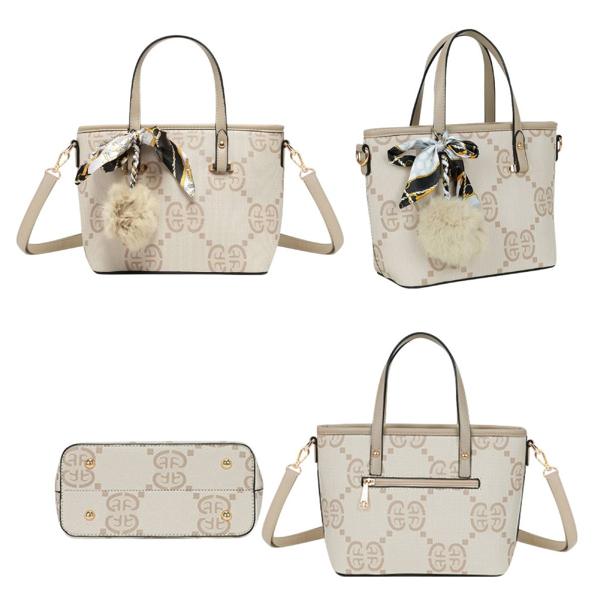 Sac Cabas Imprimé Monogramme à Pompom et Foulard Palmer Taupe