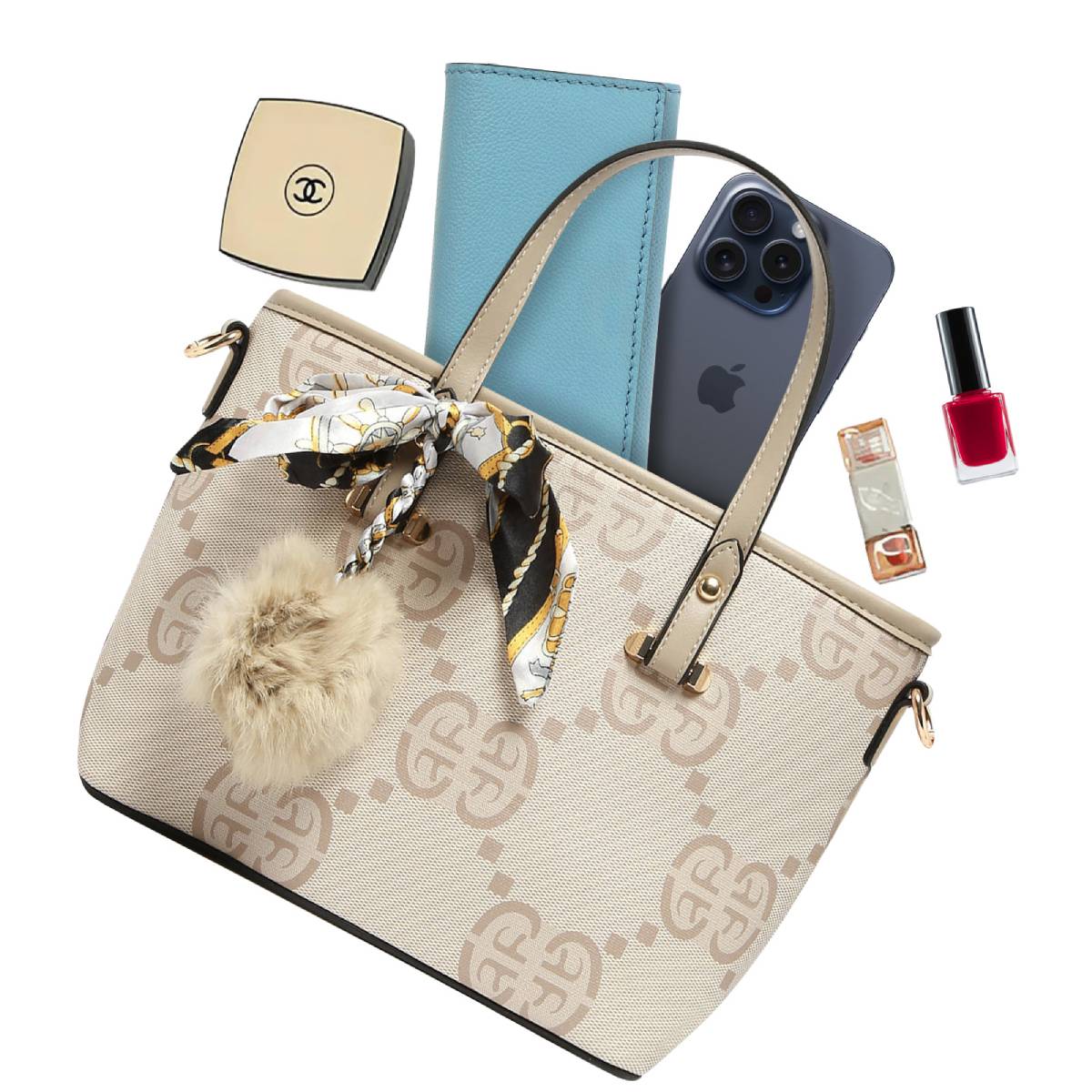 Sac Cabas Imprimé Monogramme à Pompom et Foulard Palmer Taupe