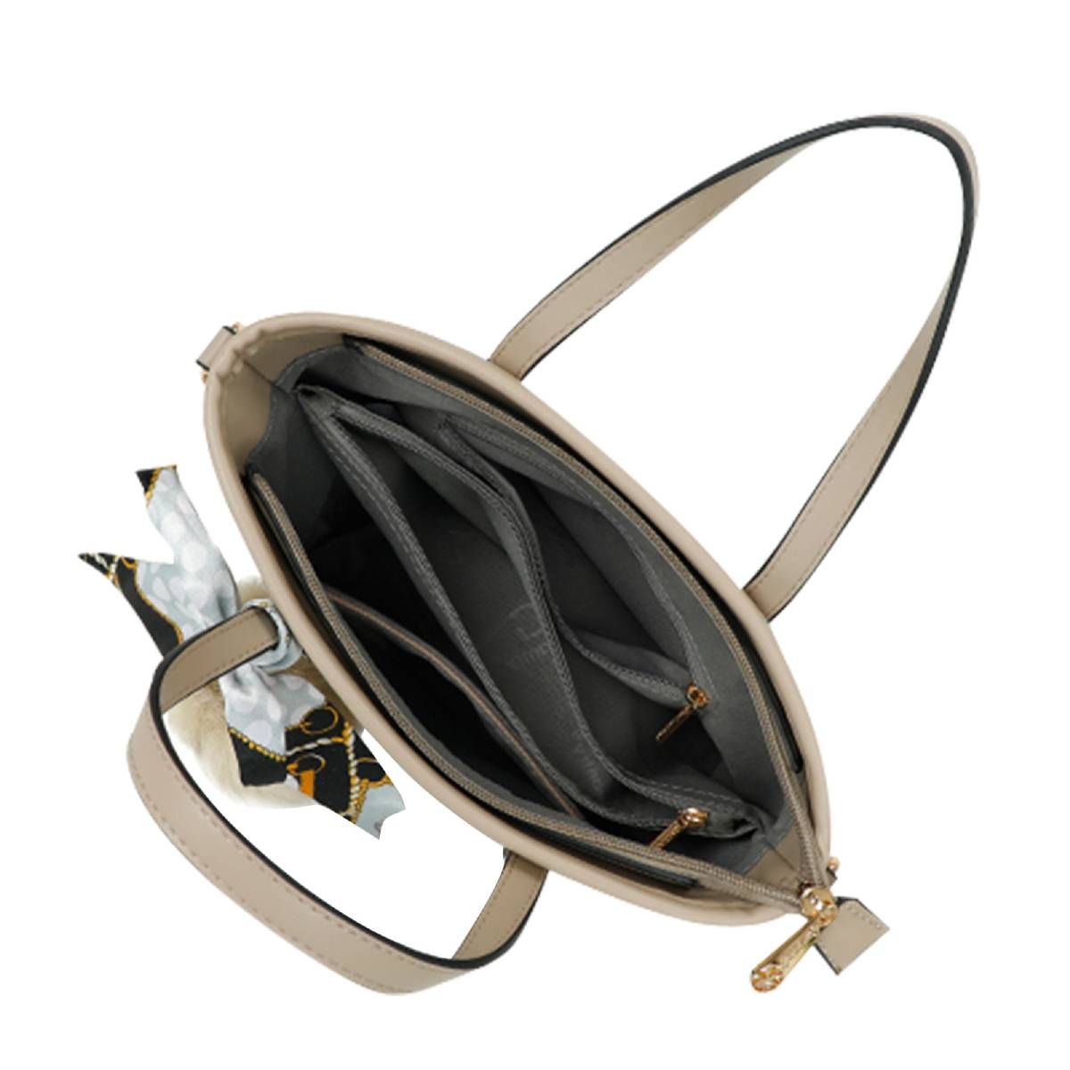 Sac Cabas Imprimé Monogramme à Pompom et Foulard Palmer Taupe