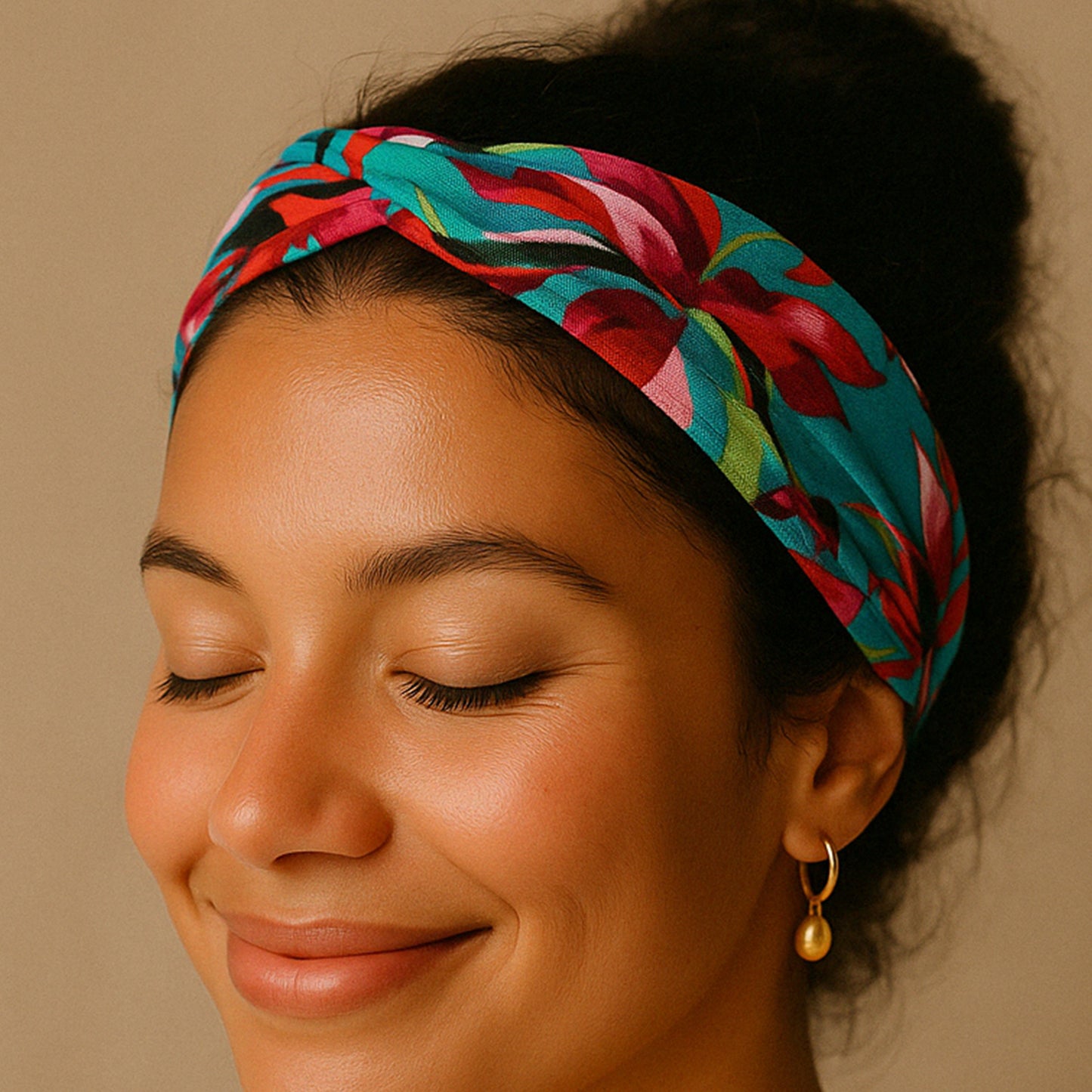 Bandeau en Satin Torsadé Fleuri Bleu