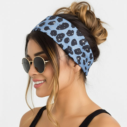 Bandeau Large Léopard Strassé Chloé en Coton Bleu