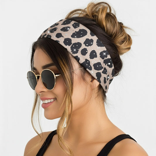 Bandeau Large Léopard Strassé Chloé en Coton Pêche