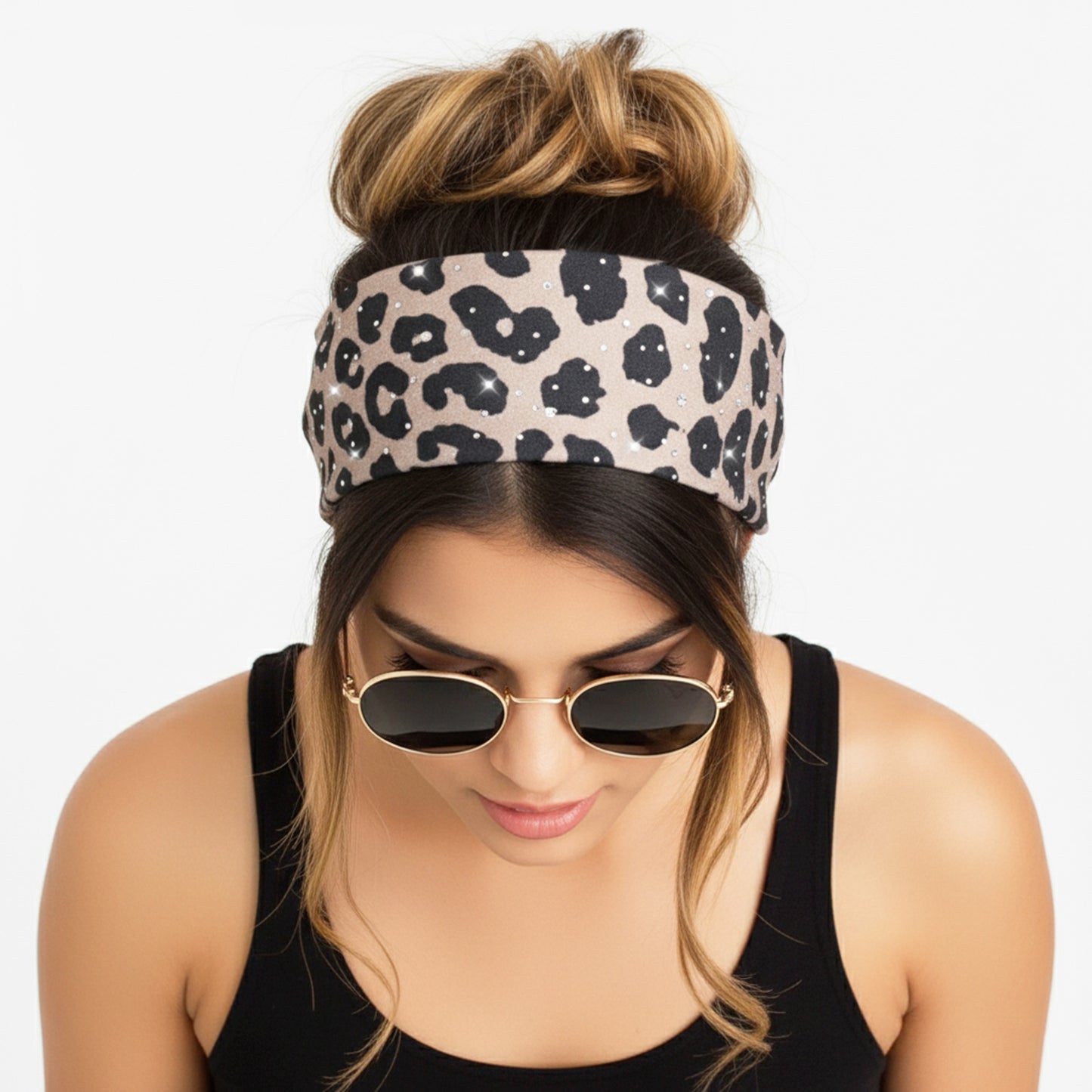 Bandeau Large Léopard Strassé Chloé en Coton Pêche