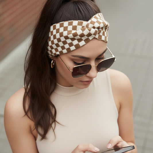 Bandeau Croisé Wendy en Maille Jacquard à Carreaux Blanc