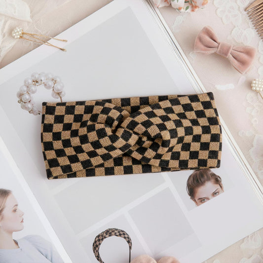 Bandeau Croisé Wendy en Maille Jacquard à Carreaux Marron