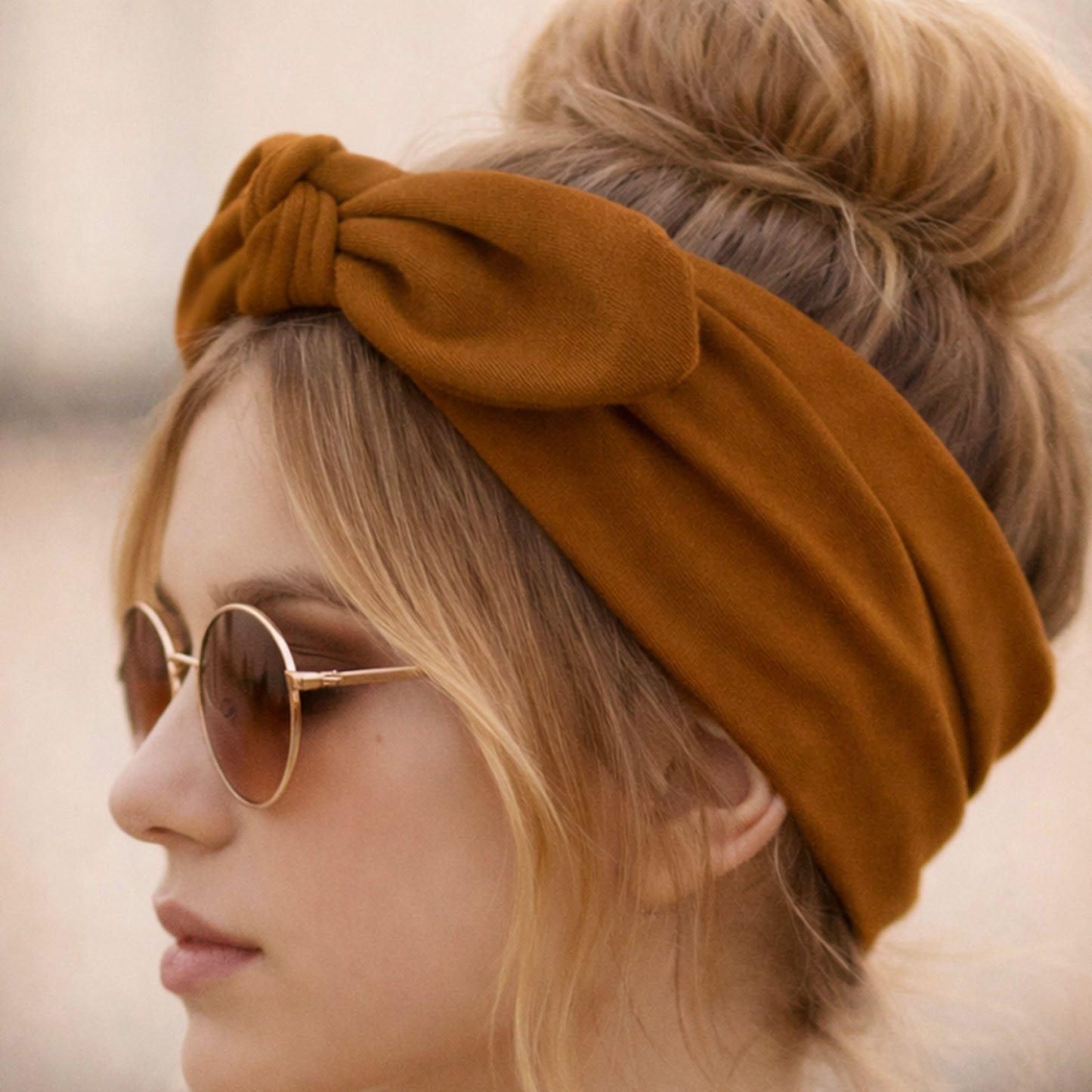 Bandeau Large à Nœud Papillon Effet Couture Marron Clair