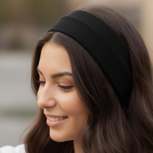 Bandeau Large Côtelé Mila en Coton Noir