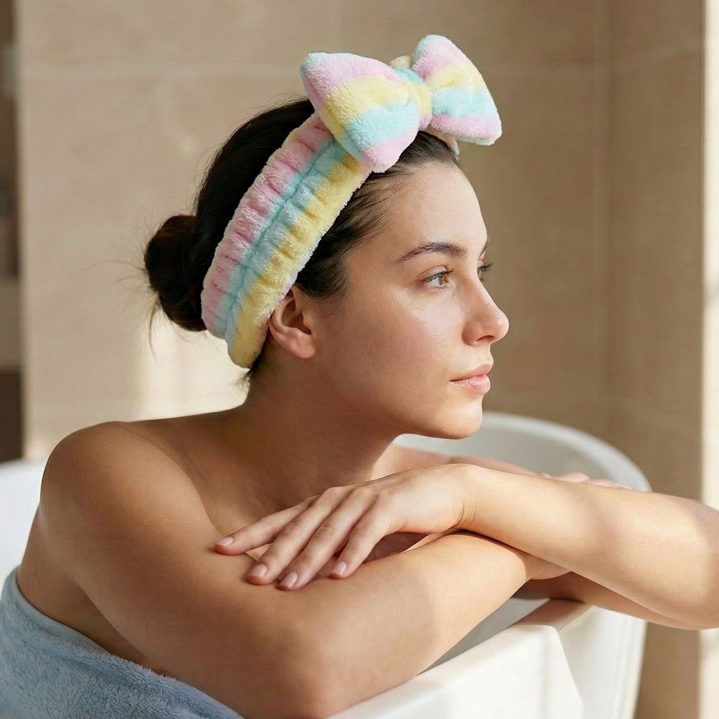 Bandeau Spa Harmony en Polaire à Rayures Pastel