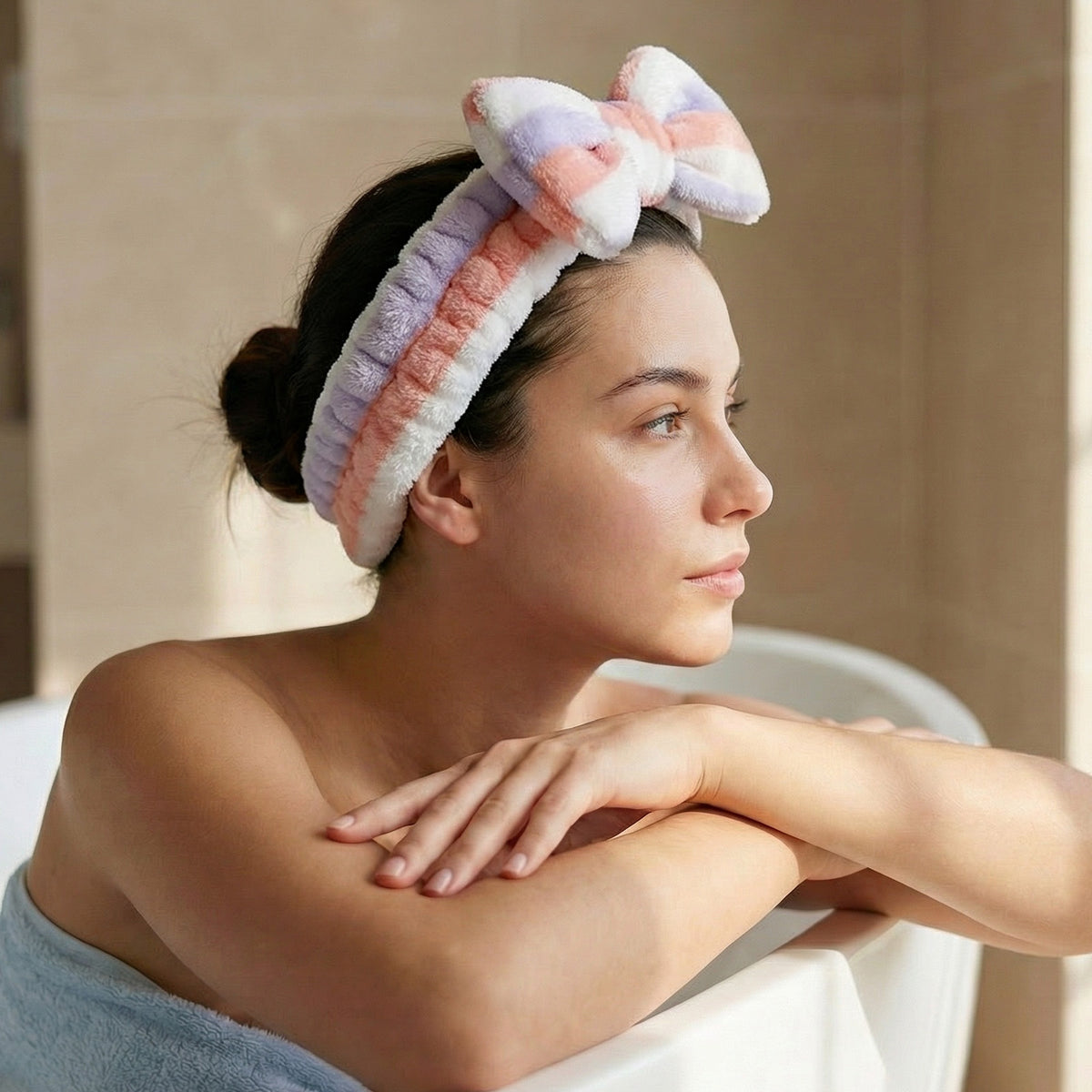 Bandeau Spa Harmony en Polaire Rose et Blanc