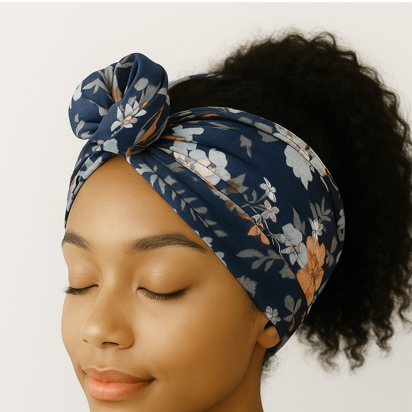 Bandeau Style Turban pour Cheveux en Coton Fleuri Printanier Bleu Marine