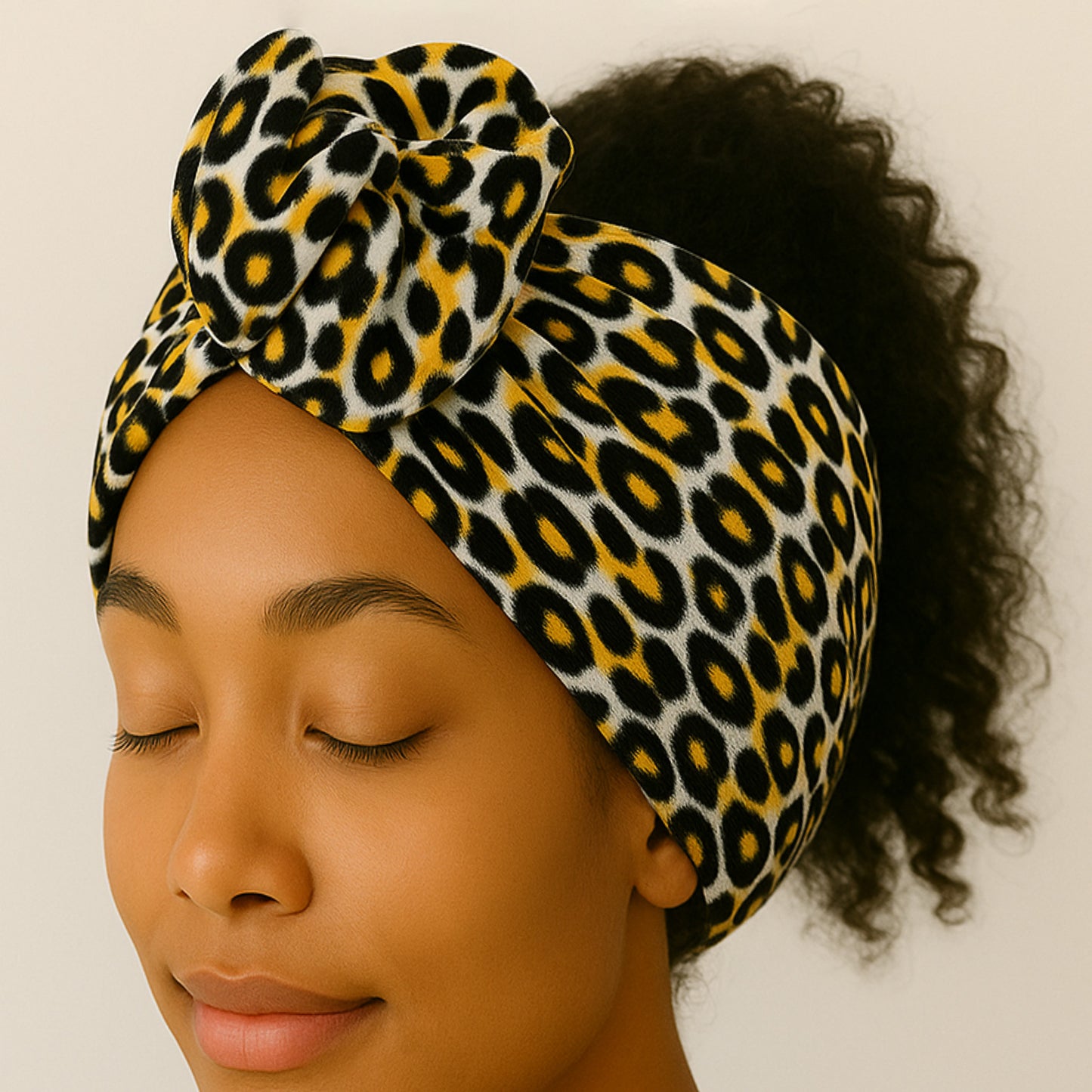Bandeau Style Turban pour Cheveux en Velours Imprimé Léopard Vintage Beige