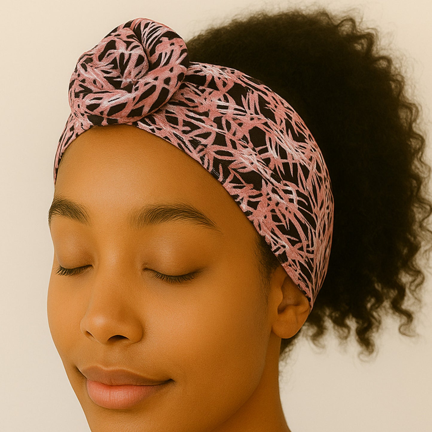 Bandeau Style Turban pour Cheveux en Coton Imprimé Feuillages Tropical Rose