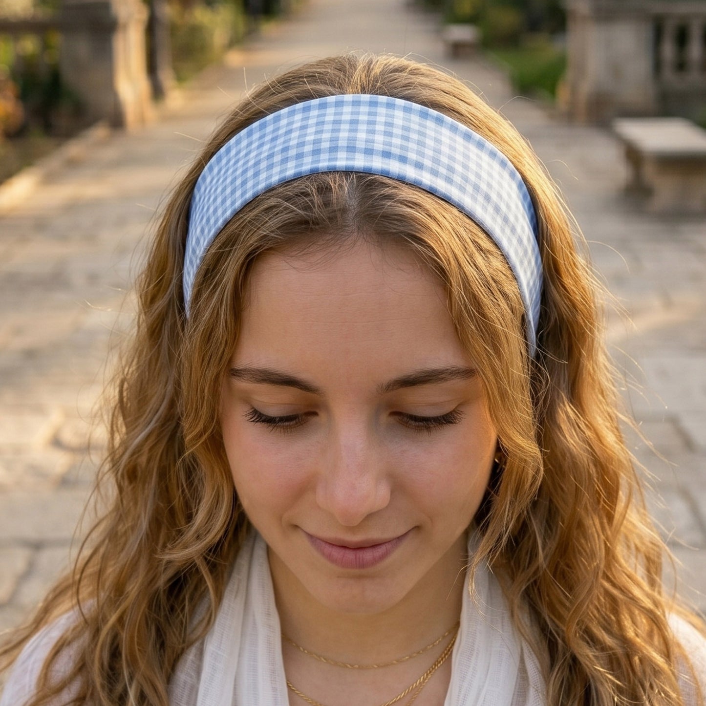 Bandeau Large Tendre Brise Vichy Bleu Ciel