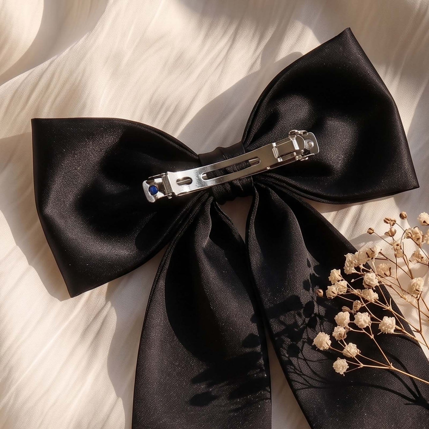 Barrette Nœud XXL Coquette Adèle Ruban Satiné Noir