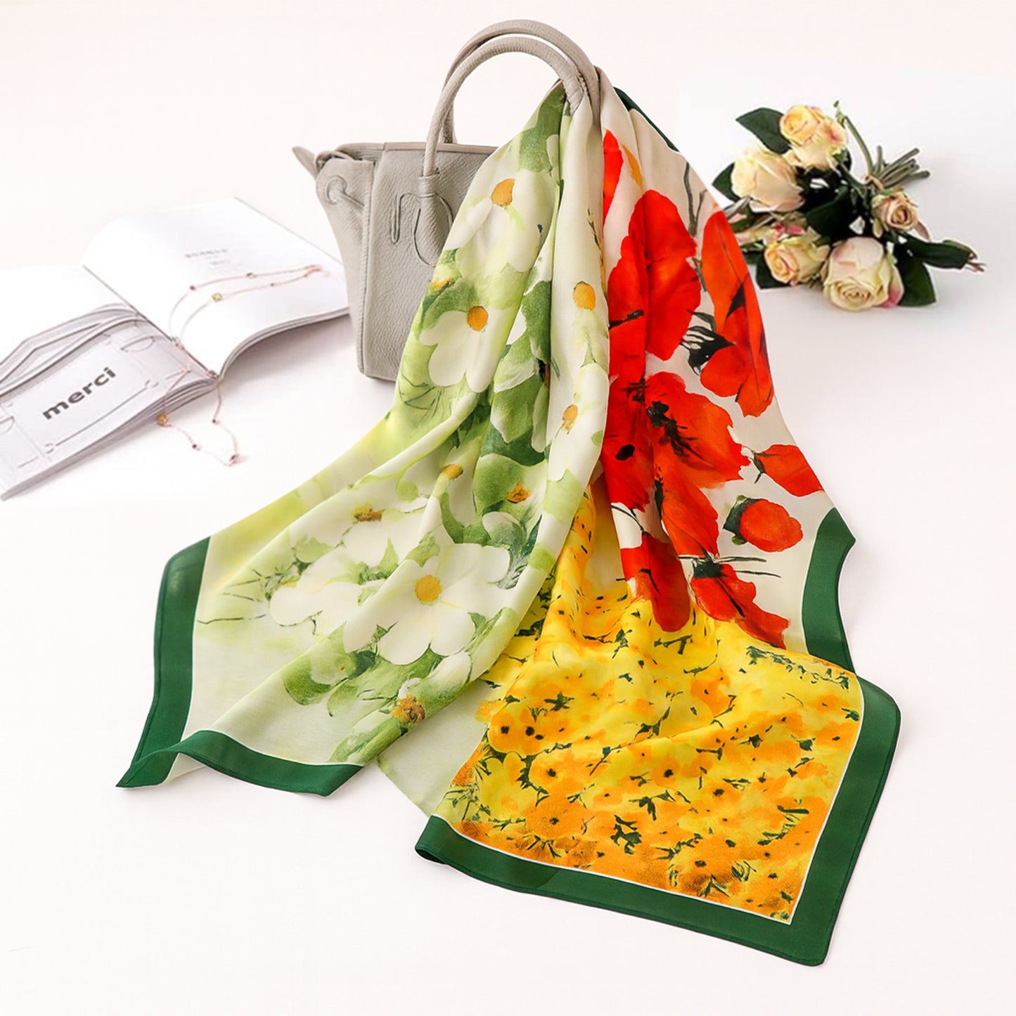 Foulard carré toucher soie floral Éclat d'Anémone 70x70cm