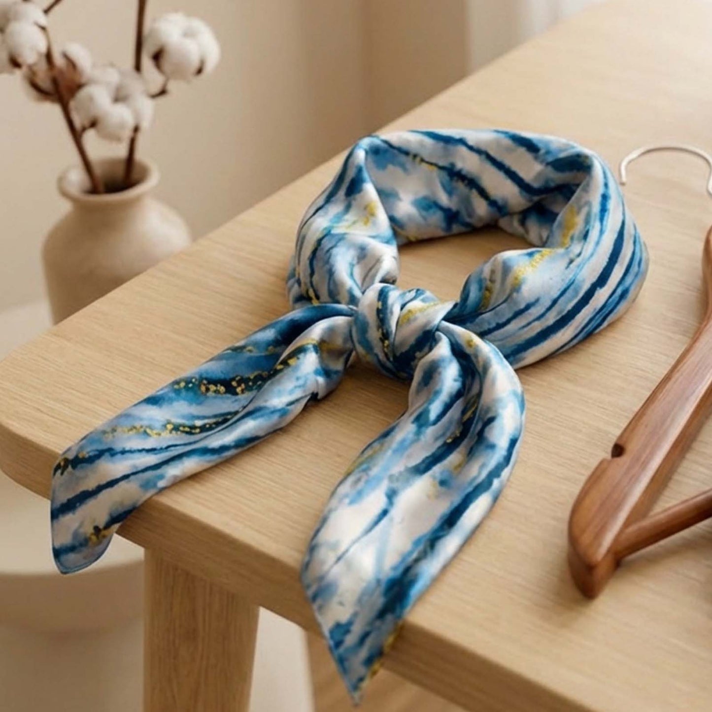 Foulard carré toucher soie Marbre Bleu & Or - 70 x 70 cm