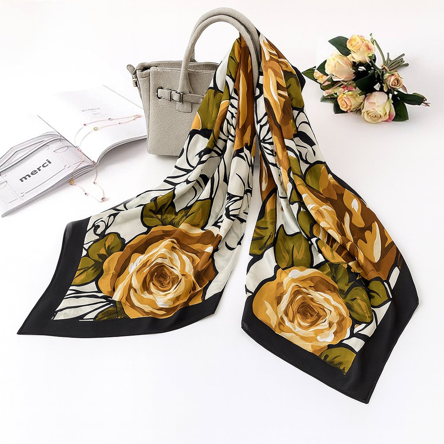 Foulard carré toucher soie Khaki Floral 70x70cm