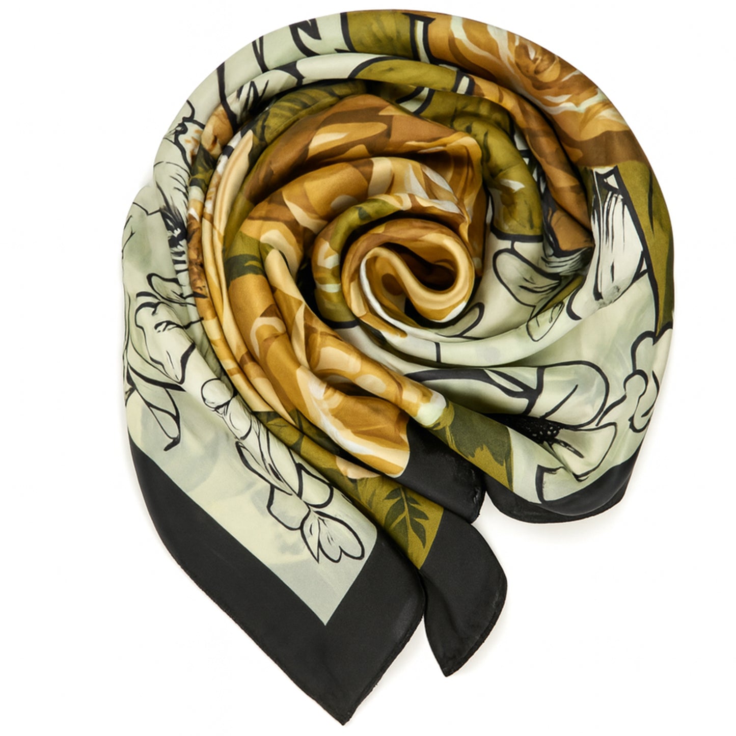 Foulard carré toucher soie Khaki Floral 70x70cm