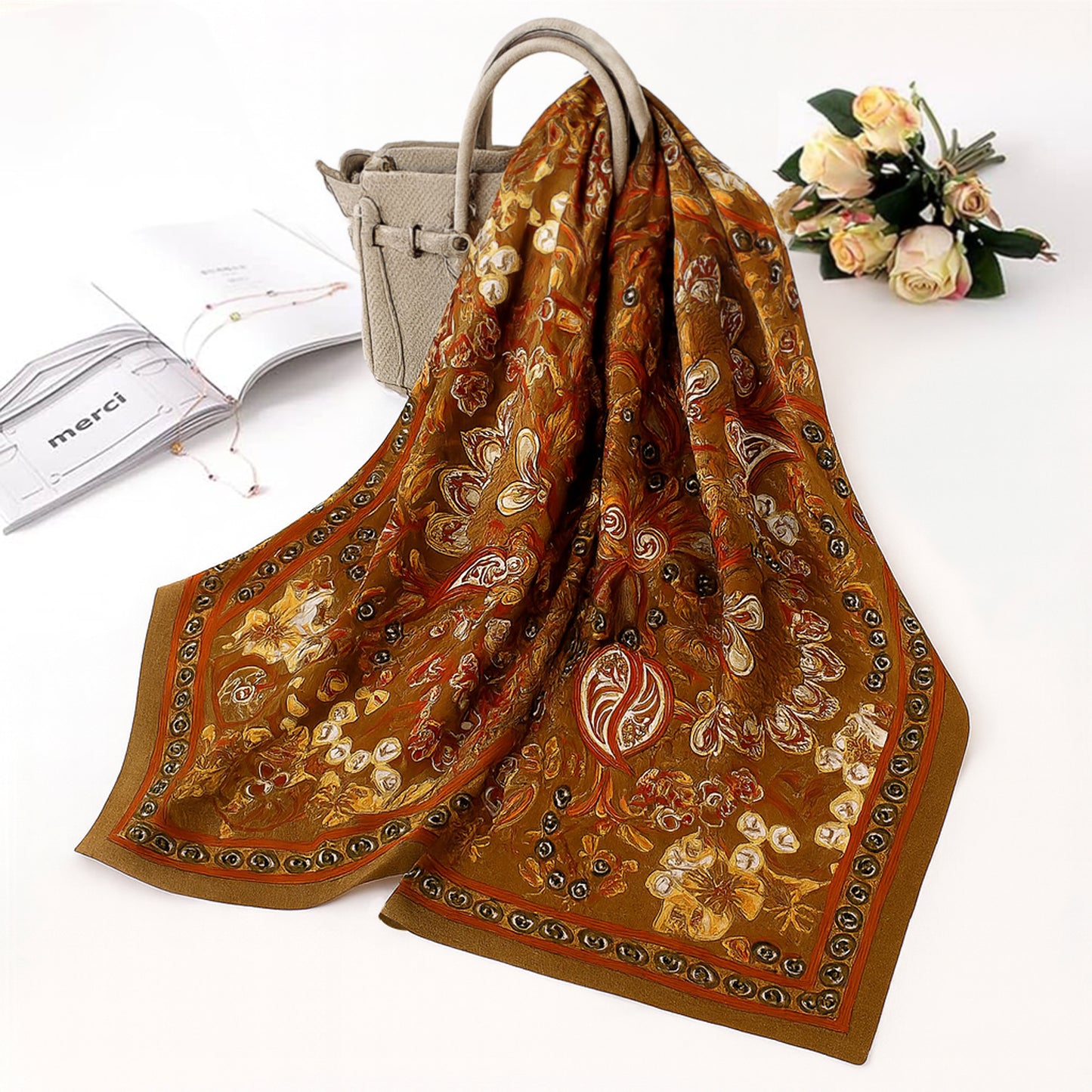 Foulard carré toucher soie Fleur de Sésame 70x70cm