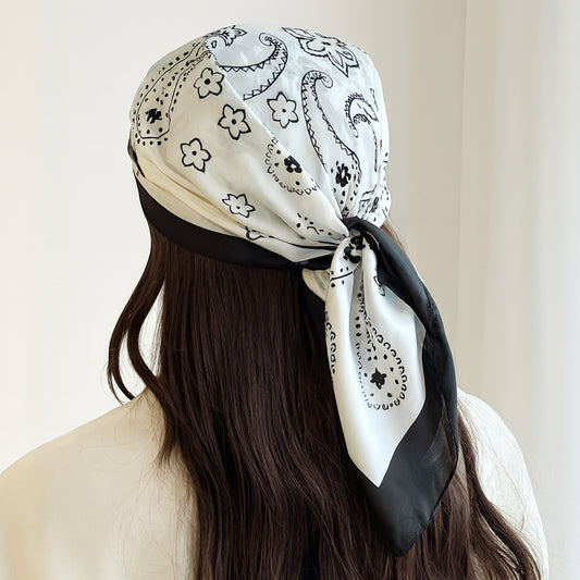 Foulard bandana carré toucher soie Blanc Vintage 70x70cm