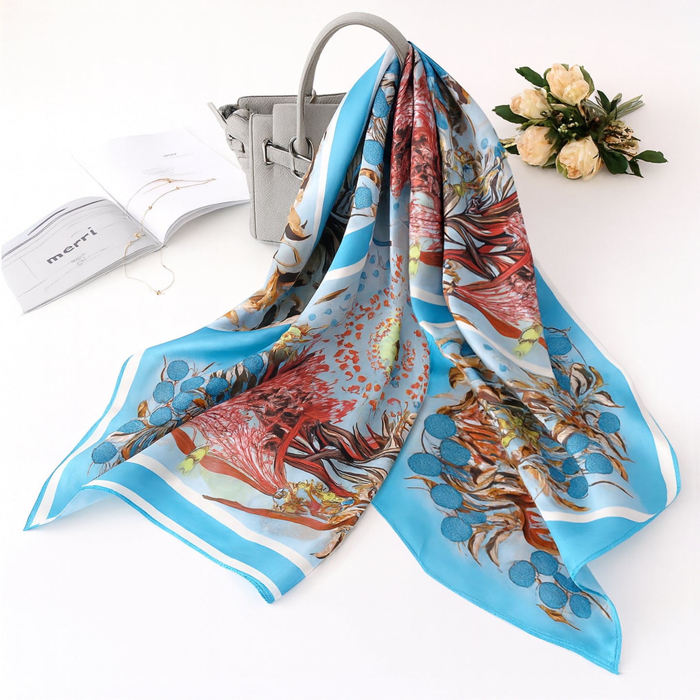 Foulard carré toucher soie Aura Botanica Saphir 70x70cm