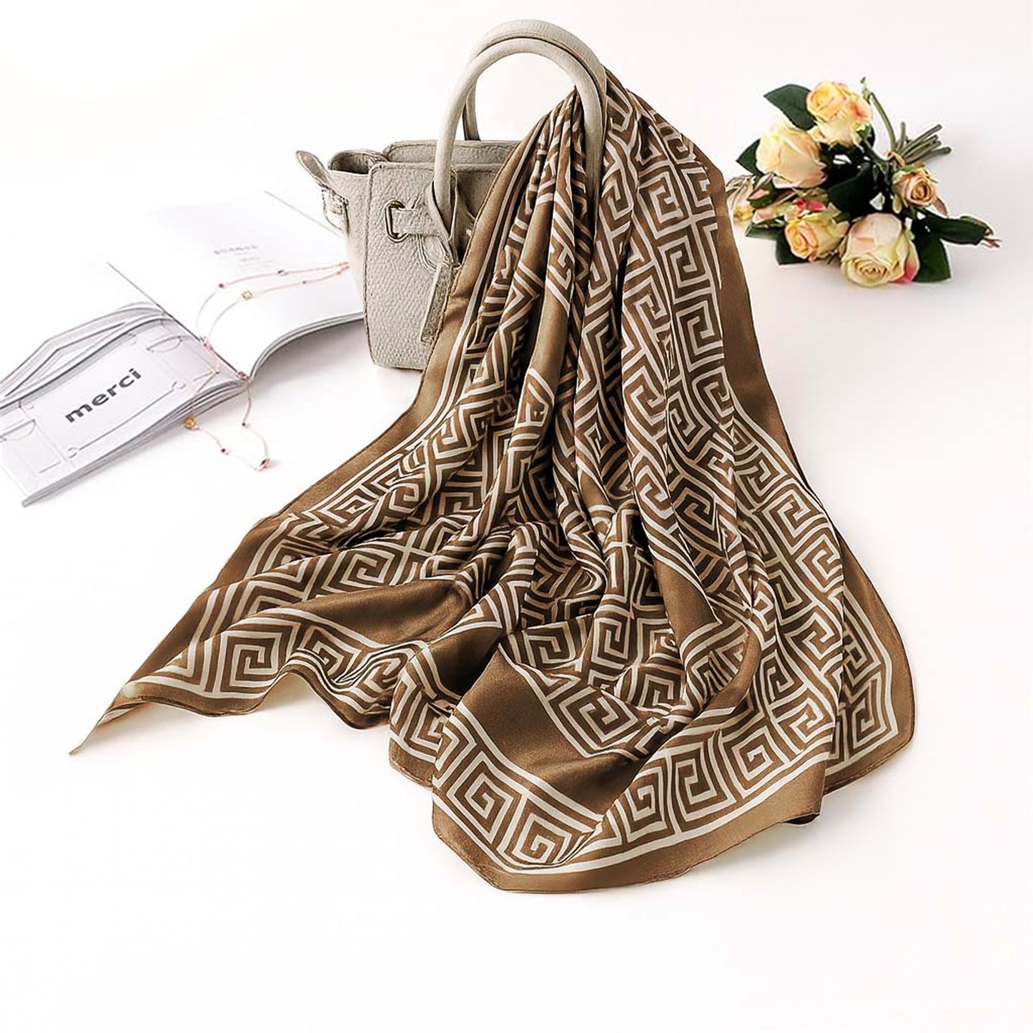 Foulard carré toucher soie Brown Santorini 70x70cm