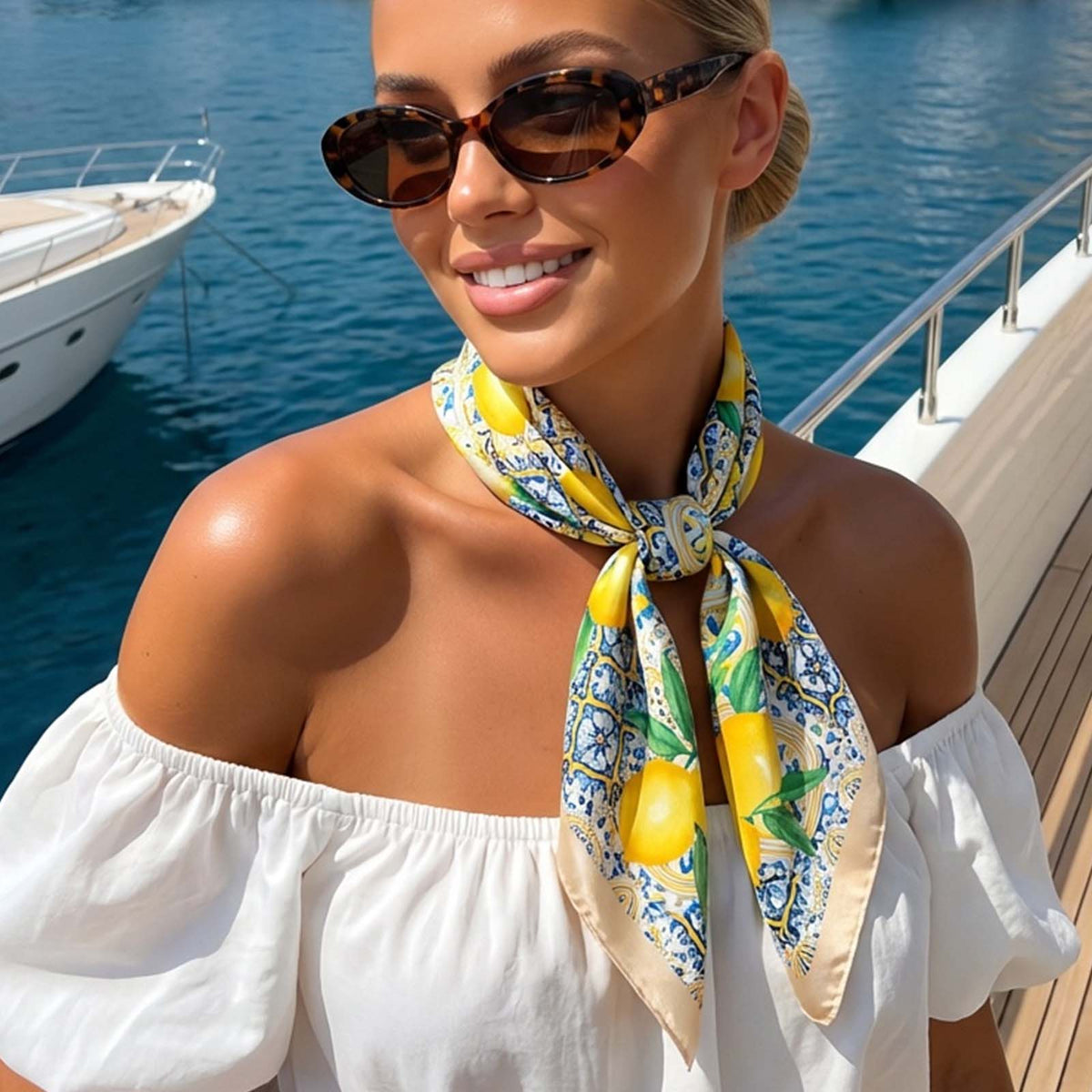 Foulard carré toucher soie Lemon Azur Doré 70x70cm